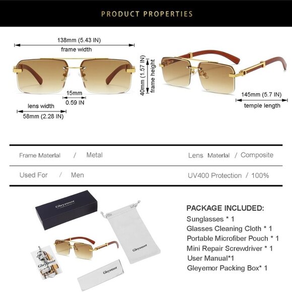 Mens Sunglasses Fashion Rimless Rectangle Sunglasses Square Frameless Sunglasses - Picture 6 of 6